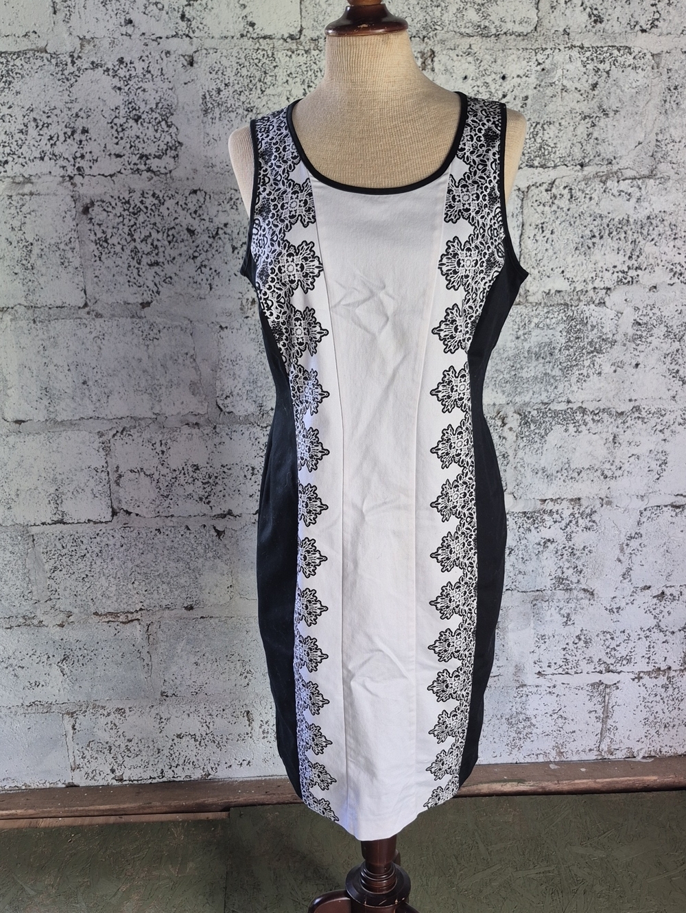 Worthington Black and White Floral-Panel Midi Sheath Dress